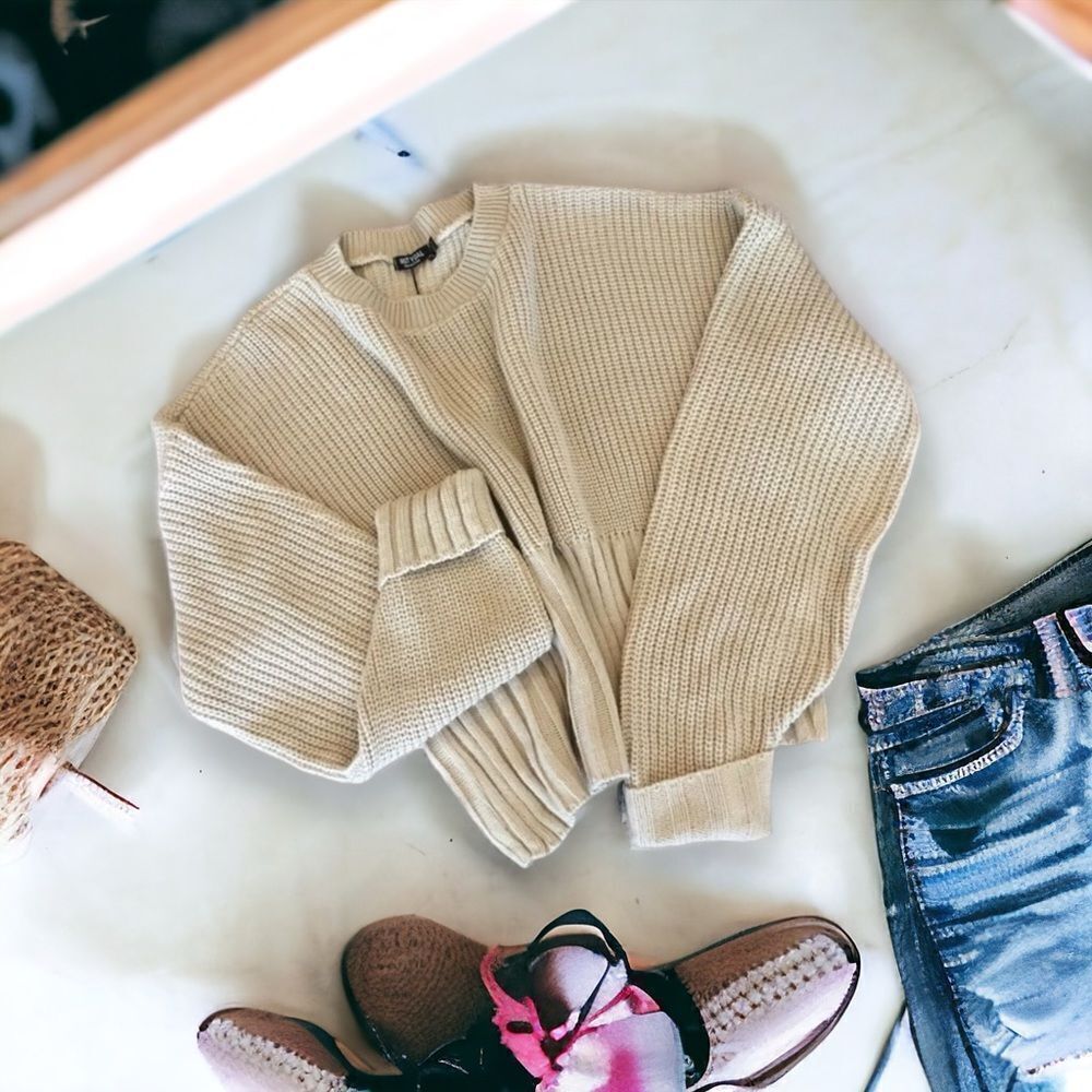 Tan Empire Rib Knit Design Pullover Relax Fit Knitted Sweater NEW